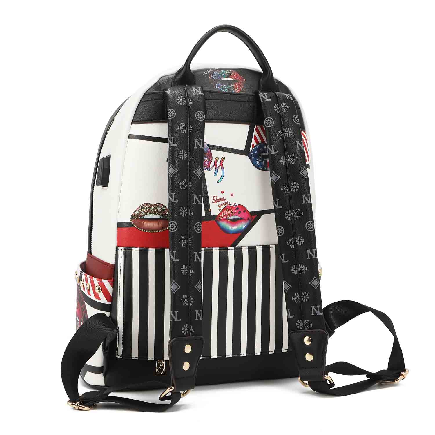 Nicole Lee White and Black Backpack Nylon Fashion Print Backpack with Removable Phone Zip Pouch  main image 2